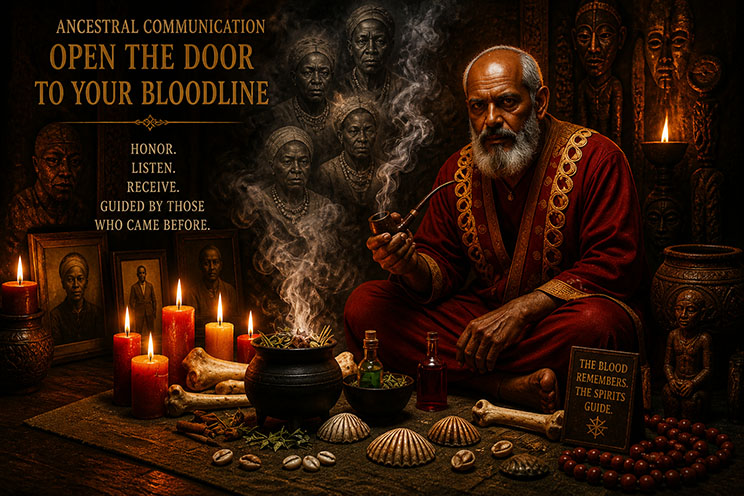 Louis Voodoo Priest lighting candles on an ancestral altar with photos and offerings